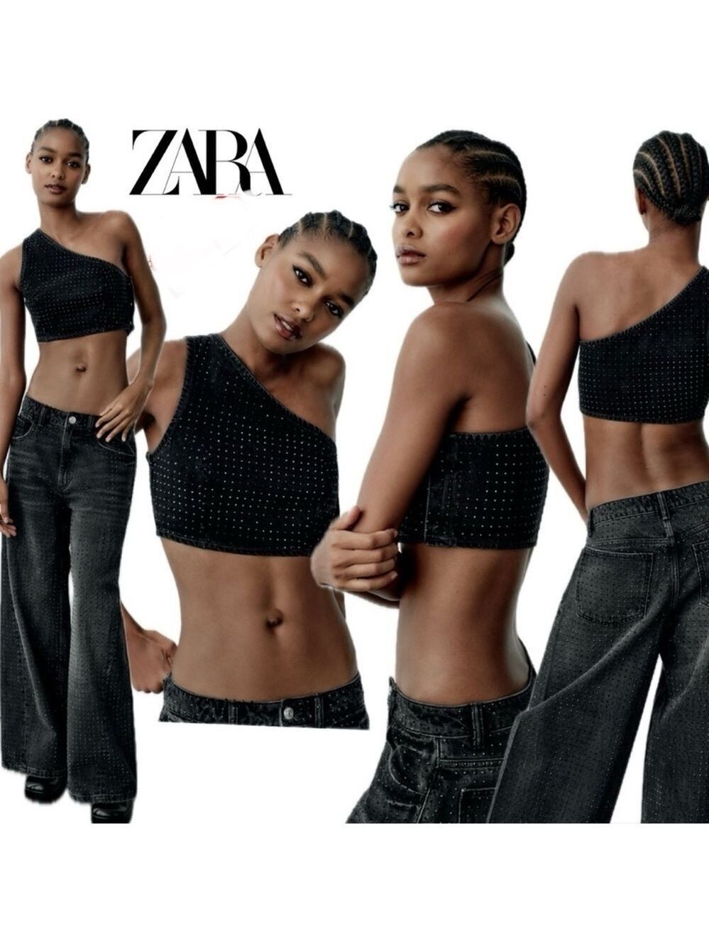Zara black crystal rhinestone embellished one shoulder denim Jean crop top NWOT